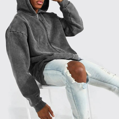 Custom men oversized vintage hoodie stringless drop shoulder zip up cotton gray acid wash hoodies