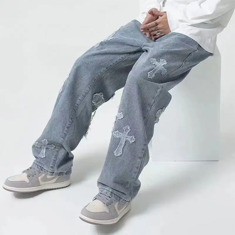  mens streetwear denim pants baggy stacked digital printed jeans