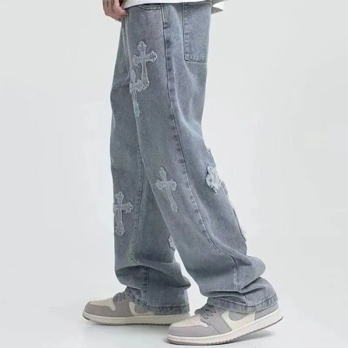 OEM pants | Mens washed denim pants | Stacked wide-leg pants | Cross applique embroidery pants