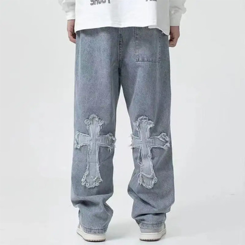 OEM pants | Mens washed denim pants | Stacked wide-leg pants | Cross applique embroidery pants