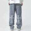 Custom OEM mens vintage washed baggy design patch stacked wide leg denim jeans hip hop streetwear