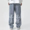 Custom OEM mens vintage washed baggy design patch stacked wide leg denim jeans hip hop streetwear