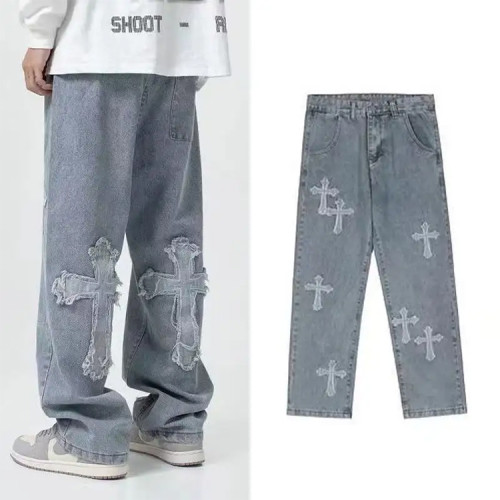 OEM pants | Mens washed denim pants | Stacked wide-leg pants | Cross applique embroidery pants