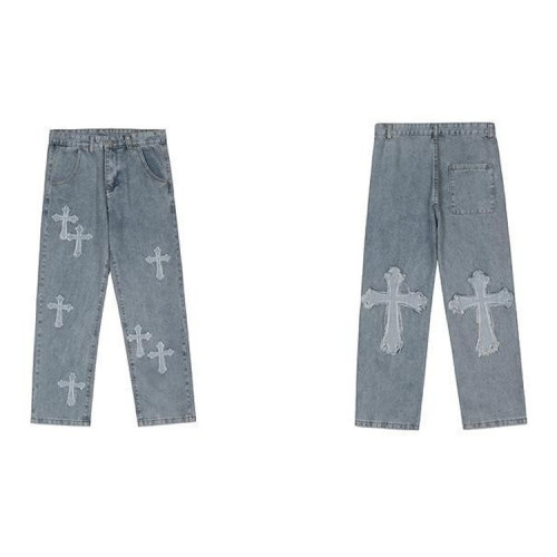 OEM pants | Mens washed denim pants | Stacked wide-leg pants | Cross applique embroidery pants