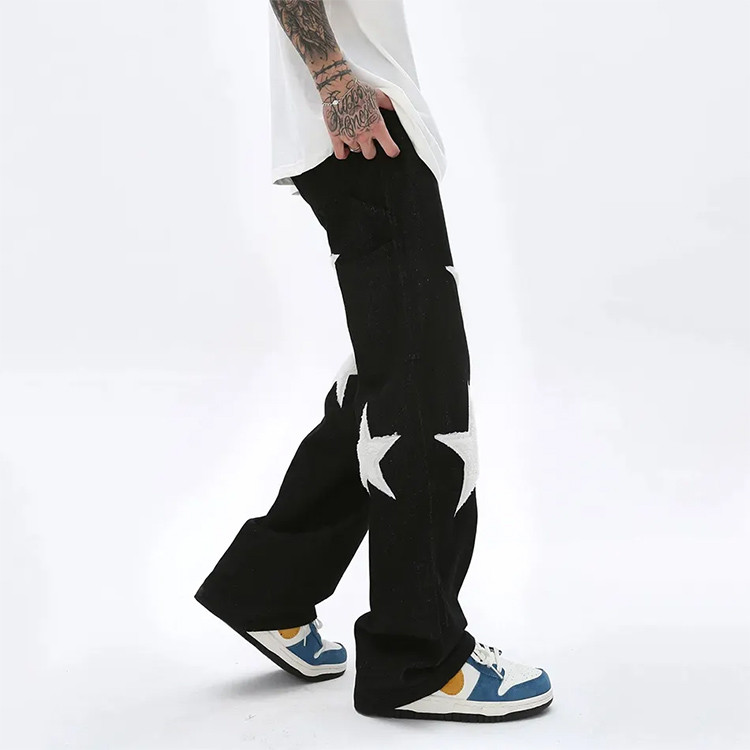 men mid rise side pocket 100% cotton baggy skate loose streetwear jeans