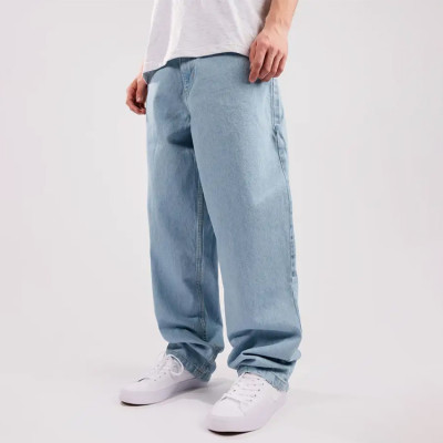 Custom basic logo loose zipper fly straight wide leg pockets pants denim jeans for men