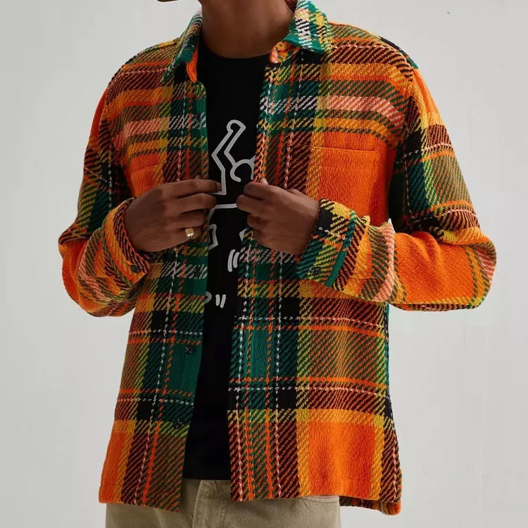  Custom OEM mens orange plaid shirt jacket flannel tweed