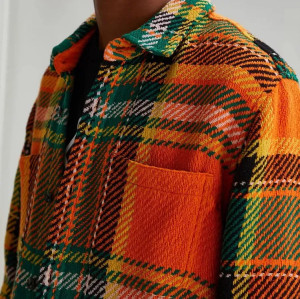 Custom OEM mens orange plaid shirt jacket flannel tweed men plus size with two patch pockets