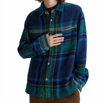 Custom outfitters mens blue plaid shirts long sleeve cotton brushed cargo shirt jackets