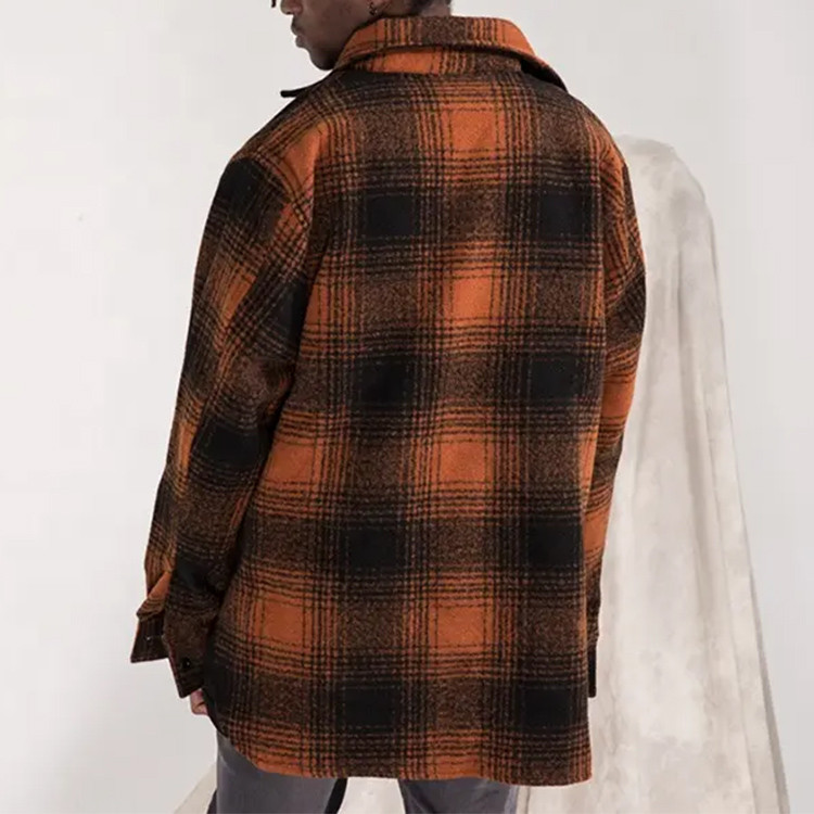 Custom mens fashion orange plaid shirt jackets flannel tweed oversized shirts 