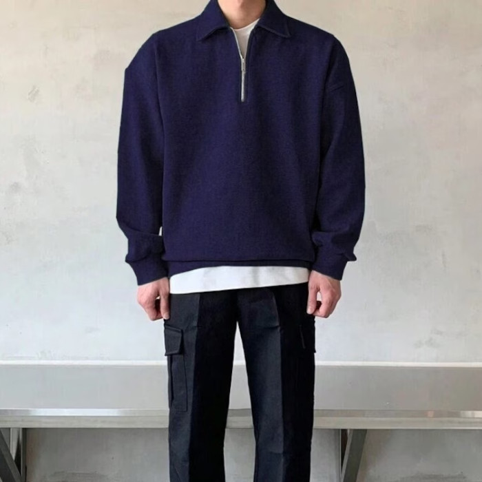 Custom factory oversized blank sweatshirts men half zipper dark bule drop shoulder sport pullovers