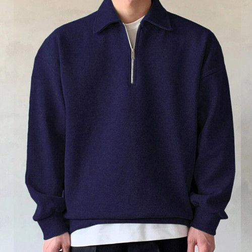 Custom factory oversized blank sweatshirts men half zipper dark bule drop shoulder sport pullovers