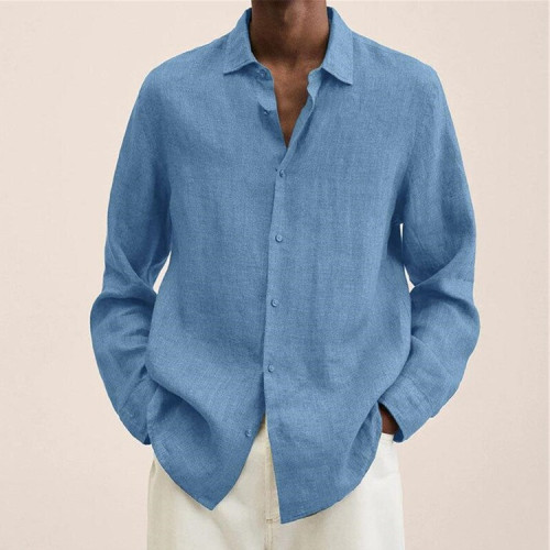 Custom spring shirts loose linen solid long sleeve button shirt for male blouse tops polo shirts