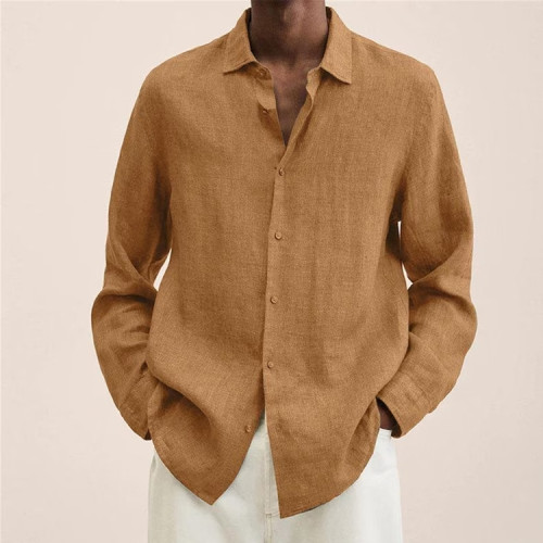 Custom spring shirts loose linen solid long sleeve button shirt for male blouse tops polo shirts