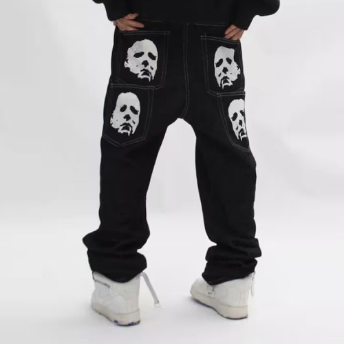 OEM pants | Hiphop street pants | Face print pants | Men's denim pants | Straight-leg stacked pants