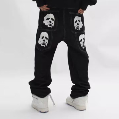 Custom hip hop face printed casual straight leg denim pants fabric male denim jeans men's jeans