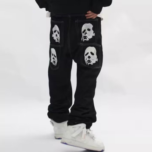 OEM pants | Hiphop street pants | Face print pants | Men's denim pants | Straight-leg stacked pants