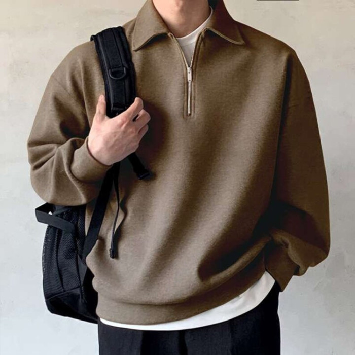 Custom plus size blank sweatshirts men half zipper lapel drop shoulder pure cotton pullovers