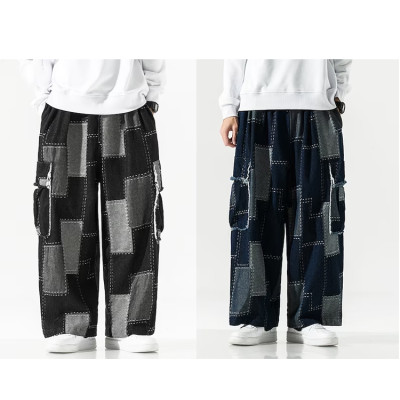 OEM pants | Patchwork denim pants | Multi pockets pants | Street cargo pants | Elastic waist pants