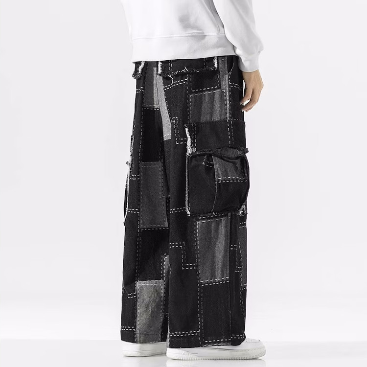 Custom patchwork wide leg multi pockets jeans vintage streetwear