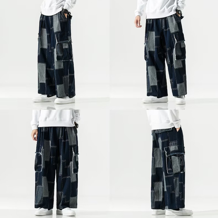 Custom patchwork wide leg multi pockets jeans vintage streetwear