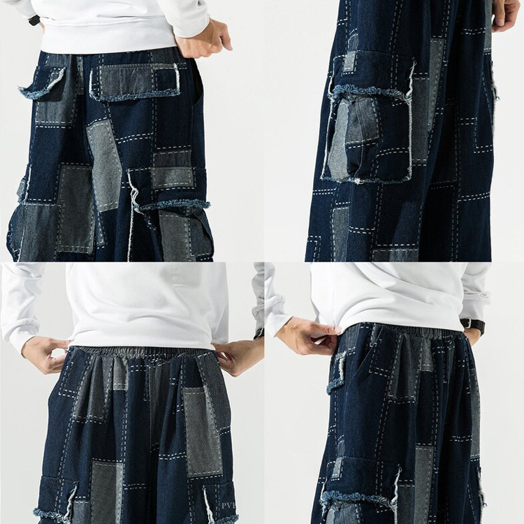 Custom patchwork wide leg multi pockets jeans vintage streetwear