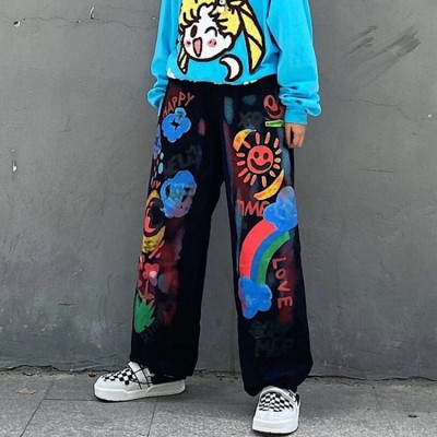 Custom streetwear clothing graffiti printing staight wide leg nylon/polyester joggers sweatpants