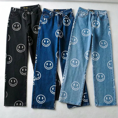 Custom pants | Smiling face print pants | Plus size pants | Blue denim pants | Straight-leg pants