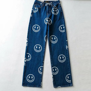 Custom pants | Smiling face print pants | Plus size pants | Blue denim pants | Straight-leg pants