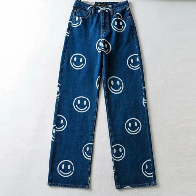 Custom pants | Smiling face print pants | Plus size pants | Blue denim pants | Straight-leg pants