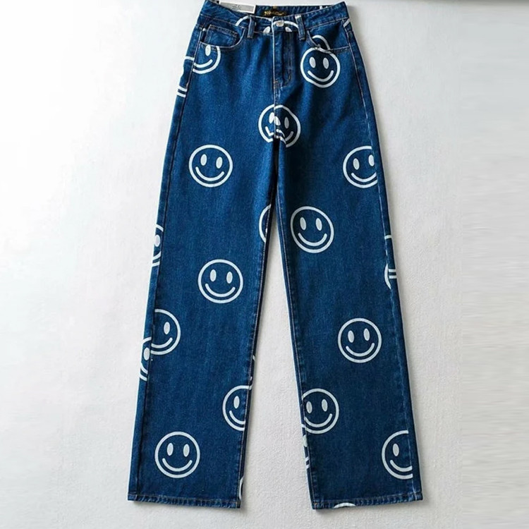 Custom smiling face print plus size jeans straight leg denim pants 
