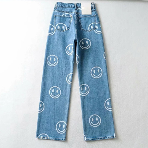 Custom smiling face print plus size jeans straight leg denim pants high quality anti shrink pants