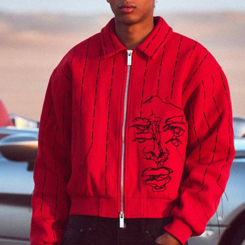 Custom jackets | Abstract face embroidered jacket | Lapel jacket | Red jacket | Zipper jackets