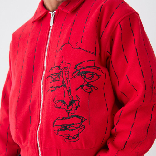 Custom jackets | Abstract face embroidered jacket | Lapel jacket | Red jacket | Zipper jackets