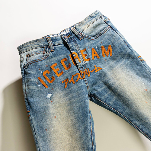 Custom pants | Skull graphic pant | Blue denim pant | Orange embroidered pants | Street vintage pant