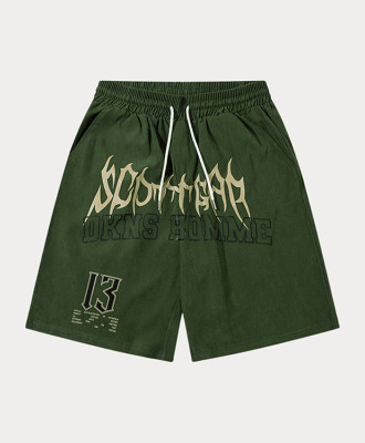 OEM shorts | Green loose shorts | Drawstring shorts | English print shorts | Fashion street shorts
