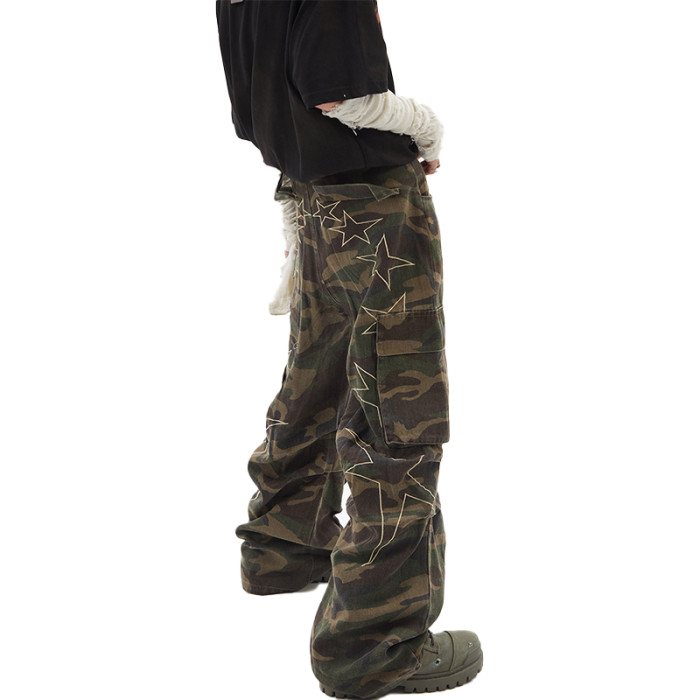OEM pants | Camouflage pattern pants | Star embroidered pant | Large pocket design | Loose pants