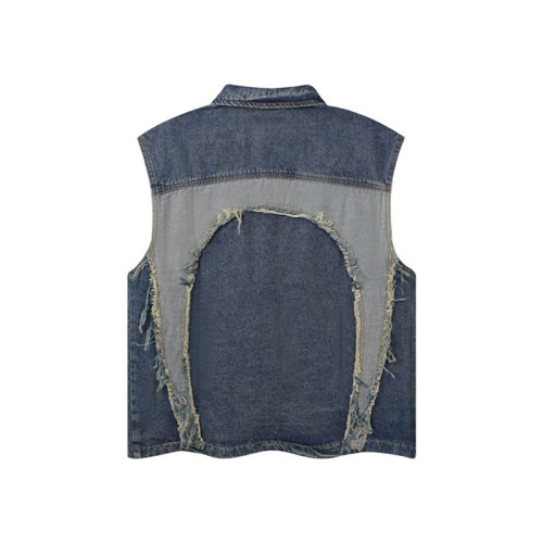 Custom T-shirt | Blue sleeveless denim vest | Patchwork colour vest | Street old worn waistcoat