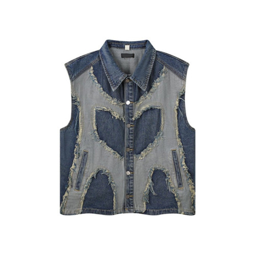 Custom T-shirt | Blue sleeveless denim vest | Patchwork colour vest | Street old worn waistcoat