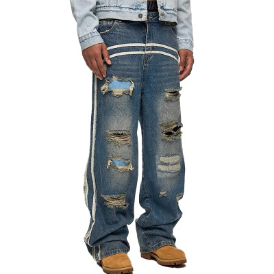 OEM pants | Light blue ripped pants | Vintage ripped pants | Street denim pants | Line printed pants