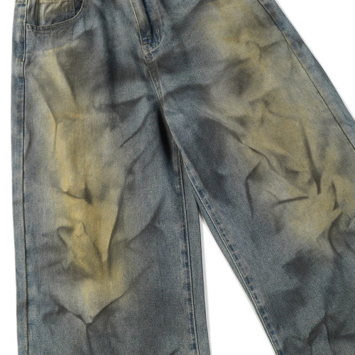 OEM pants | Gradient colour denim pants | Loose straight pants | Ruffled pants | Washed denim pants