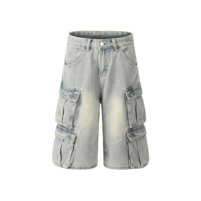 OEM shorts | Light blue overalls denim shorts | Multi-Pocket denim shorts | Washed denim shorts