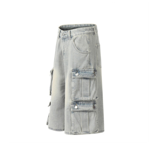 OEM shorts | Light blue overalls denim shorts | Multi-Pocket denim shorts | Washed denim shorts