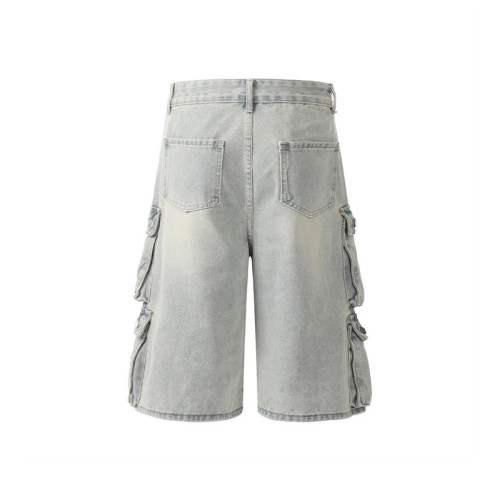 OEM shorts | Light blue overalls denim shorts | Multi-Pocket denim shorts | Washed denim shorts