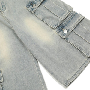 OEM shorts | Light blue overalls denim shorts | Multi-Pocket denim shorts | Washed denim shorts