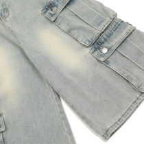 OEM shorts | Light blue overalls denim shorts | Multi-Pocket denim shorts | Washed denim shorts