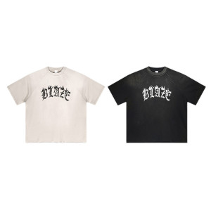 OEM T-shirt | Cool flame font printed t-shirts | Black streetwear t-shirt | Patchwork fabric t-shirt
