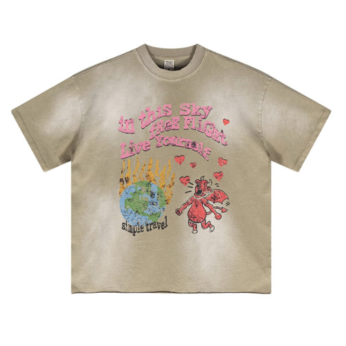 OEM T-shirt | Grey wash t-shirt | Colourful illustration print t-shirt | Environmental theme t-shirt