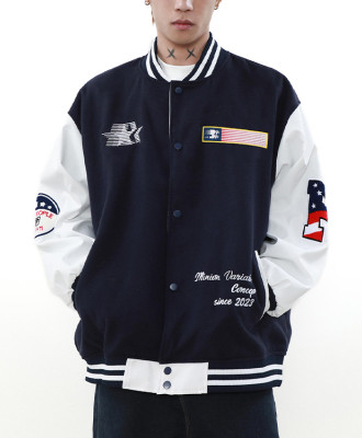 Oem jacket | Patchwork baseball jacket | Leather jackets | Embroidered logo | Thickened | Printed