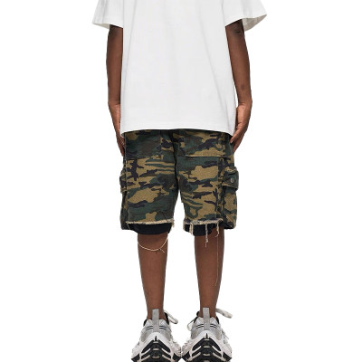 OEM shorts | Vintage camouflage shorts | Multi-pocket utility shorts | Dark greenish brown | Raggedy